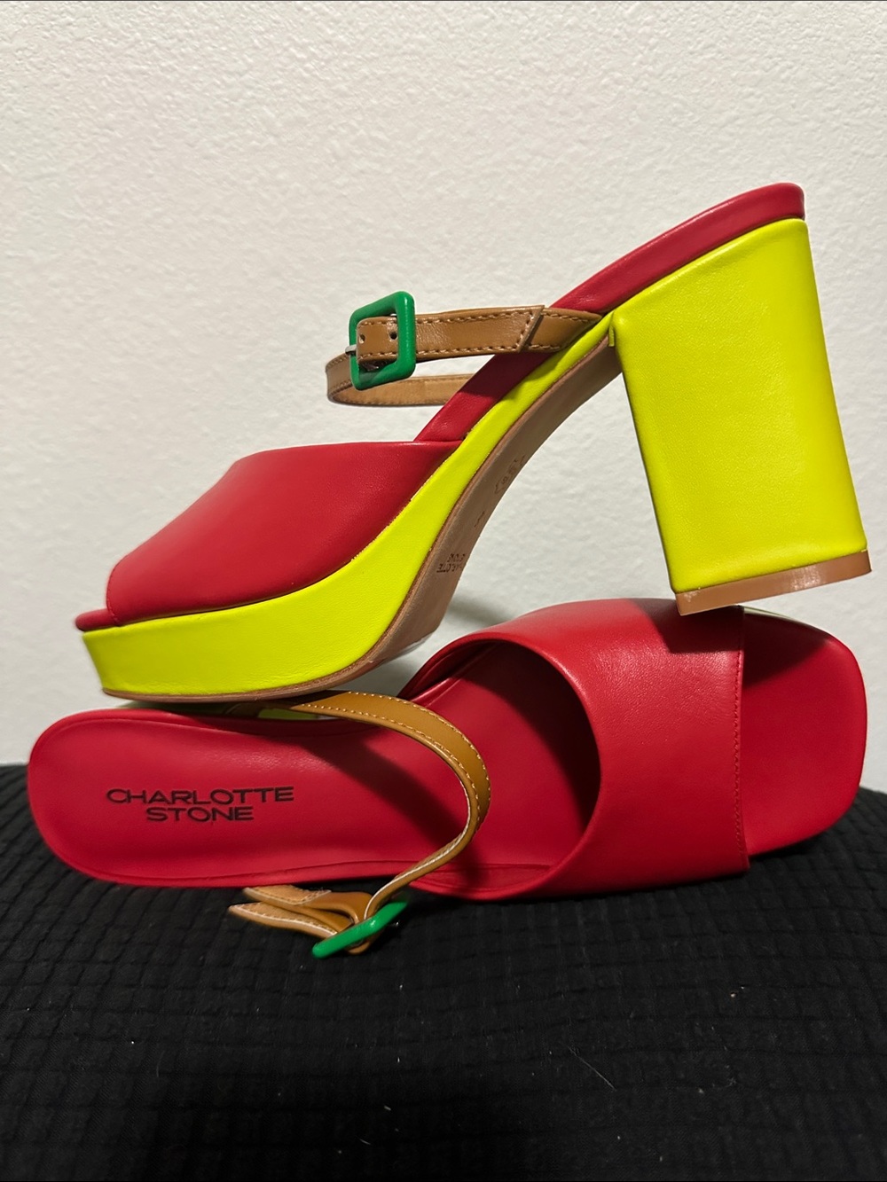 Charlotte Stone Red Open-Toe Slide Sandals with Tan Strap and Green Buckle - Picture 5 of 7